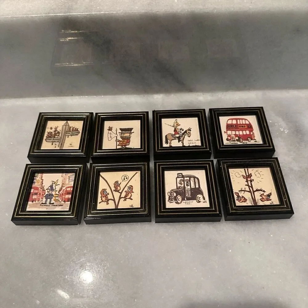 Vintage Rare Framed London-Themed Tile Handmade Art Set of 8